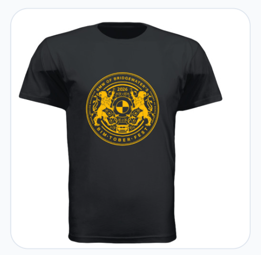 Front of the BimToberFest 2026 10th anniversary shirt with the gold BMW of Bridgewater crest